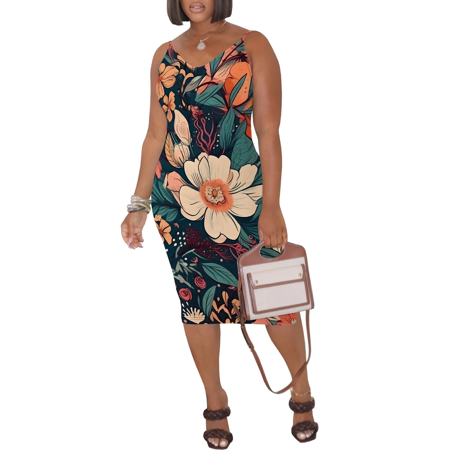 Robe mi-longue moulante à bretelles spaghetti et fleurs pour femme, tenue d'été sexy sans manches, idéale pour les vacances à la plage