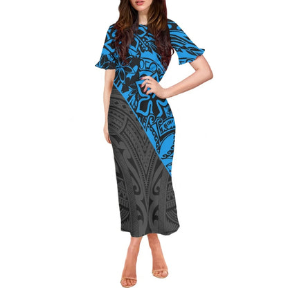 Robe à volants et manches courtes pour femme, motif floral polynésien, style hawaïen, style tatouage, style tiaré et monoi, vêtement décontracté