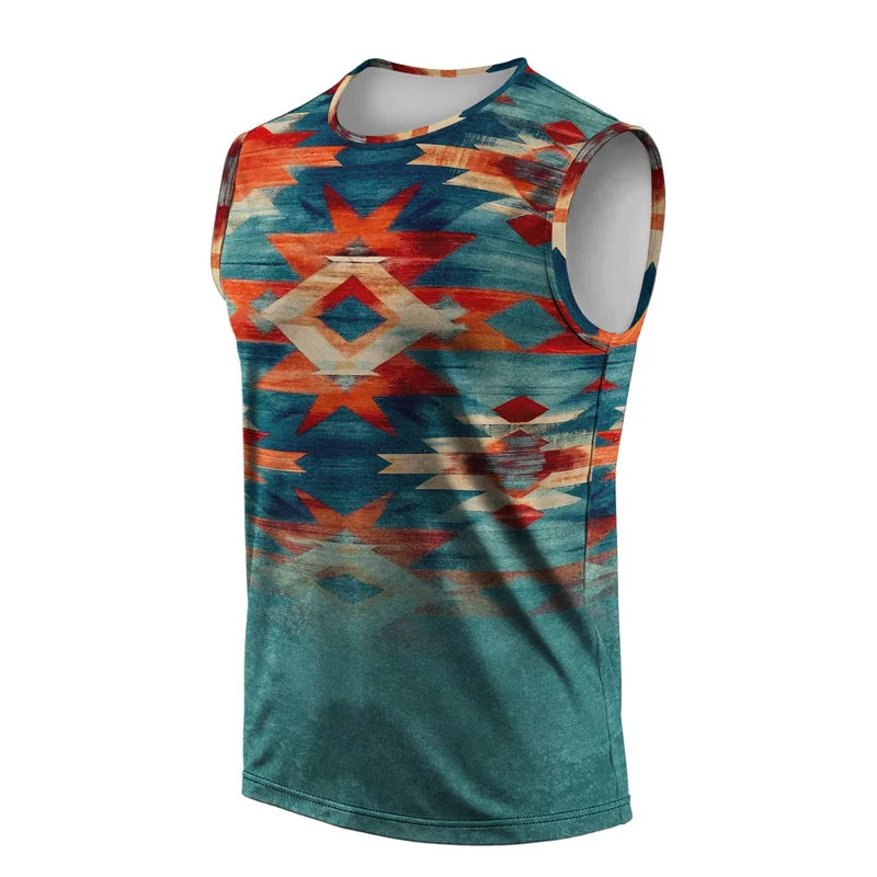 T-shirt imprimé sans manches à col rond pour homme, style streetwear, style indien, idéal pour le sport, le fitness ou la course à pied