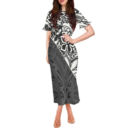 Robe à volants et manches courtes pour femme, motif floral polynésien, style hawaïen, style tatouage, style tiaré et monoi, vêtement décontracté