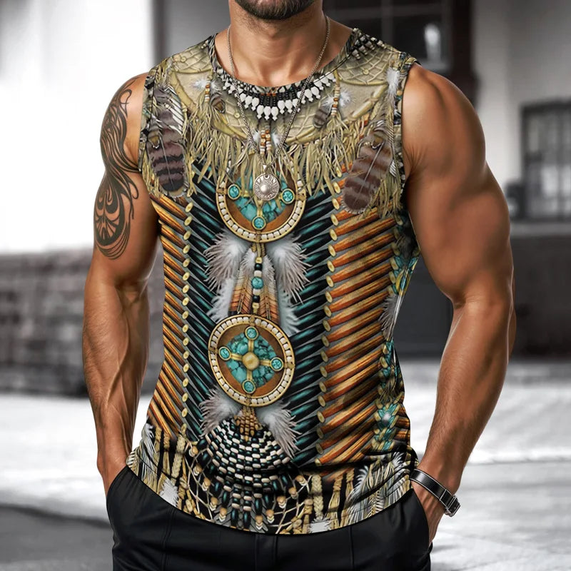 T-shirt imprimé sans manches à col rond pour homme, style streetwear, style indien, idéal pour le sport, le fitness ou la course à pied