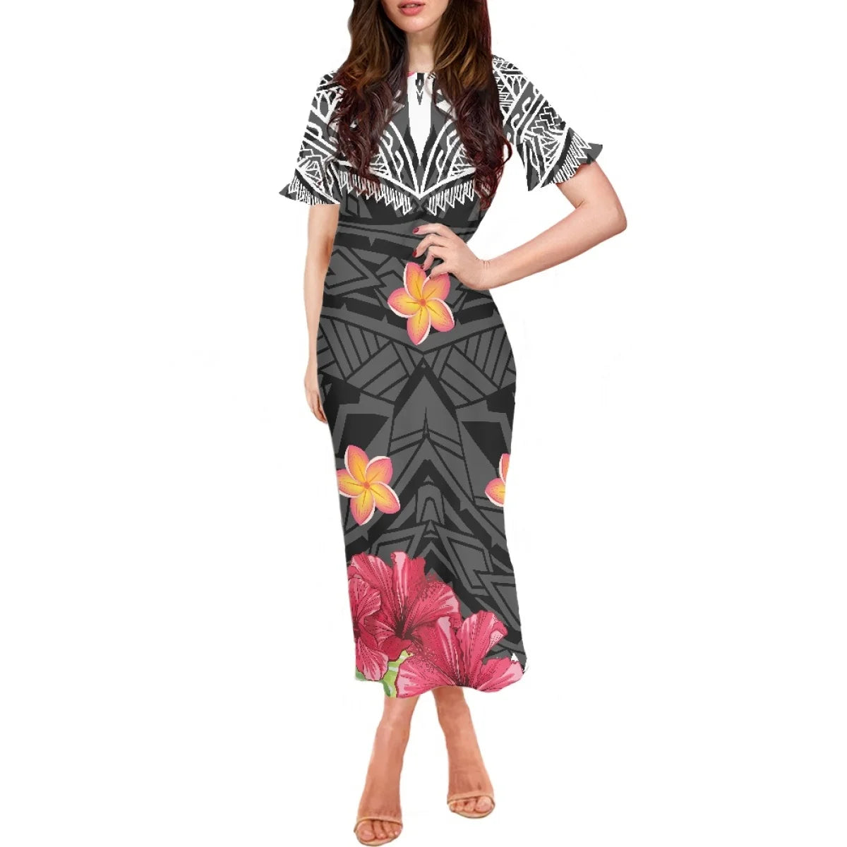 Robe à volants et manches courtes pour femme, motif floral polynésien, style hawaïen, style tatouage, style tiaré et monoi, vêtement décontracté