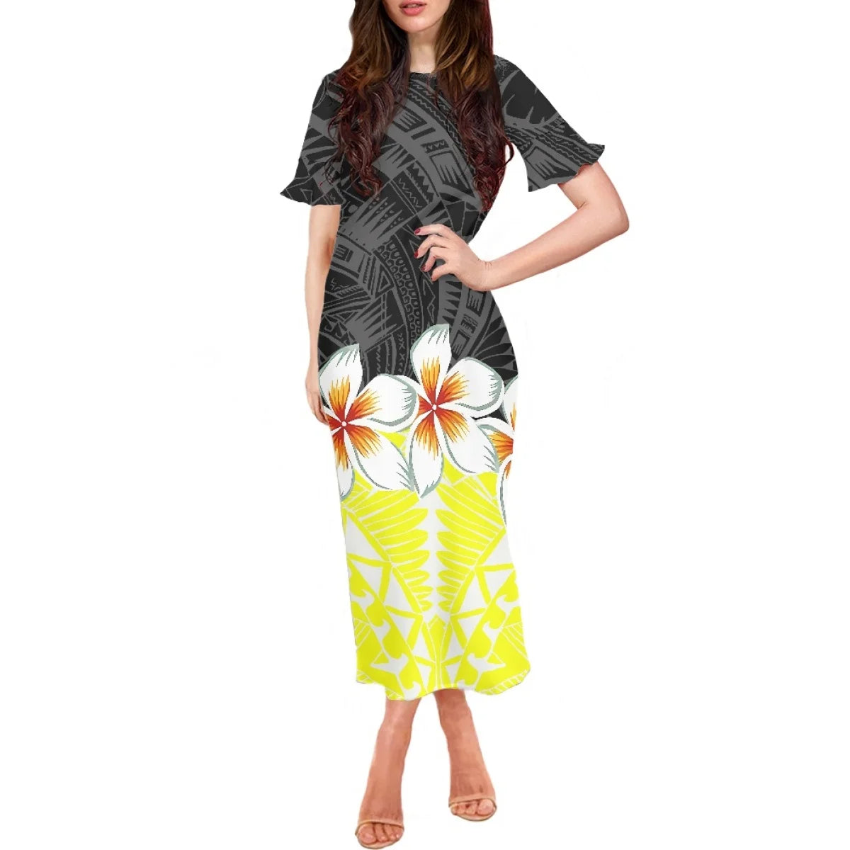 Robe à volants et manches courtes pour femme, motif floral polynésien, style hawaïen, style tatouage, style tiaré et monoi, vêtement décontracté