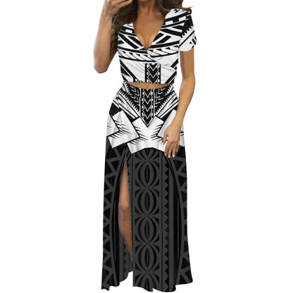 Robe fleurie de danse du feu polynésienne à imprimé à la demande, ensemble de robe longue à manches courtes pour femmes et filles, mode de créateur, fête, voyage