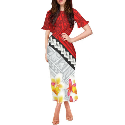 Robe à volants et manches courtes pour femme, motif floral polynésien, style hawaïen, style tatouage, style tiaré et monoi, vêtement décontracté
