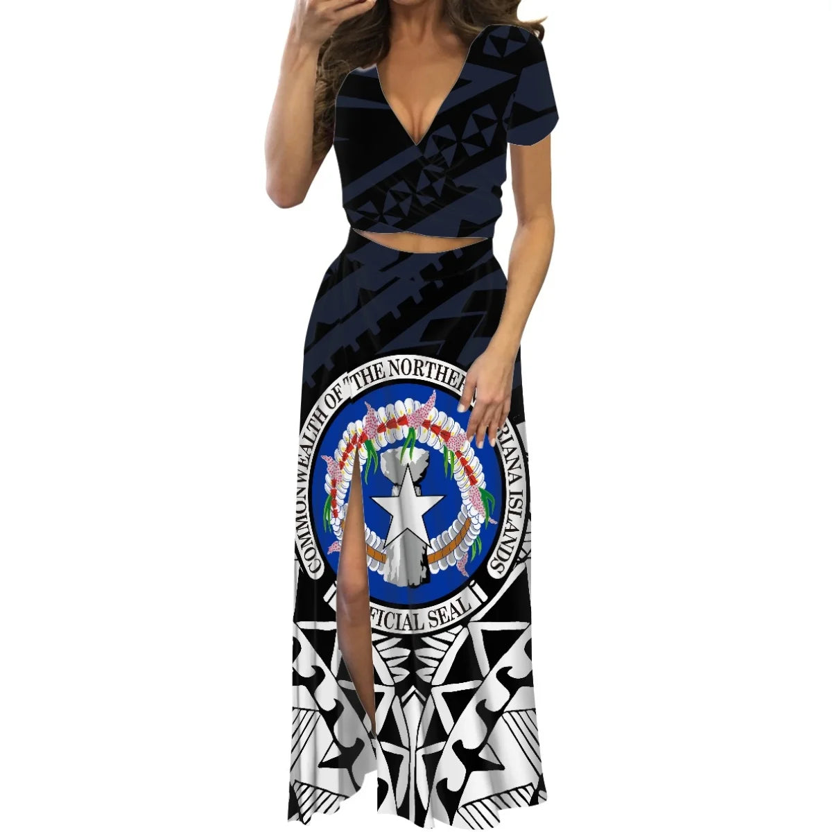 Robe fleurie de danse du feu polynésienne à imprimé à la demande, ensemble de robe longue à manches courtes pour femmes et filles, mode de créateur, fête, voyage